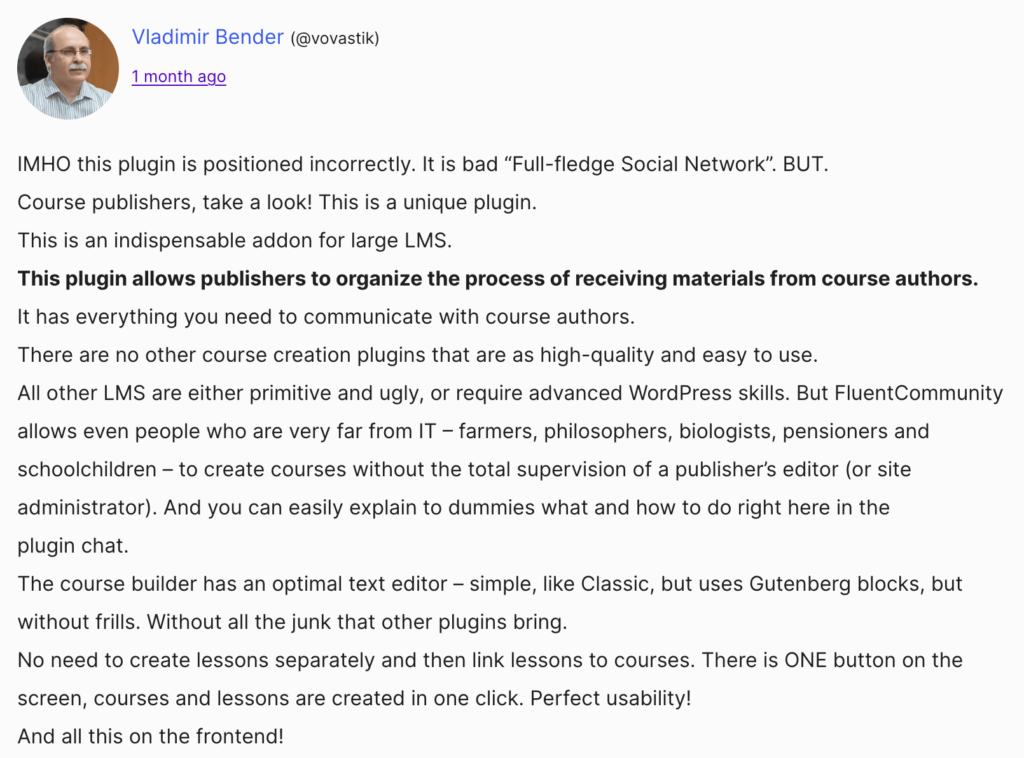 Fluentcommunity user review on wordpress org